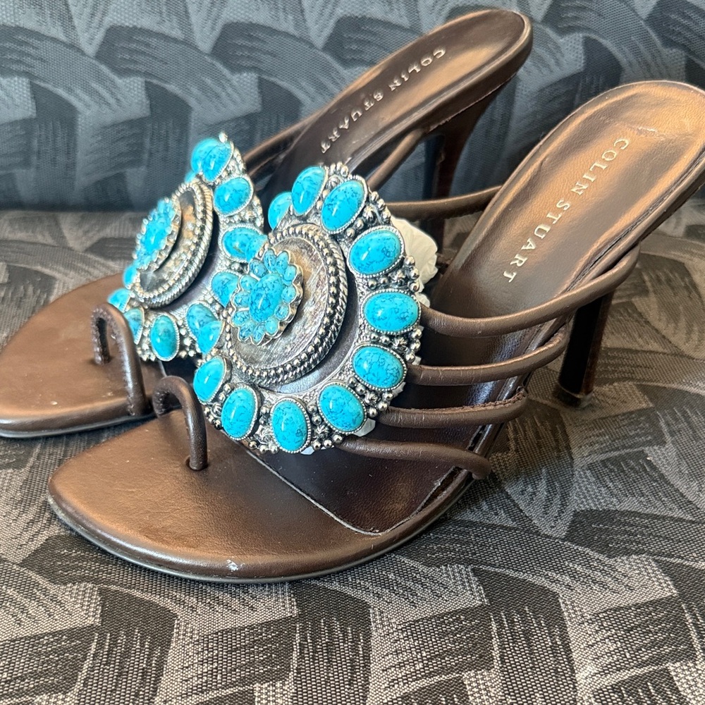 Collin Stuart Leather Brown Upper Concho Turquoise Western Heeled Sandal Size 6